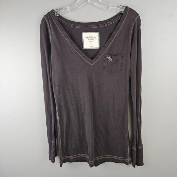 Y2K Abercrombie & Fitch Deep V Long Sleeve Tee Brown Stretch Pocket Top Size L - Picture 1 of 7